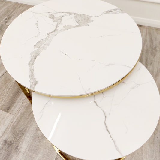 Cato Nest of 2 Round Coffee Gold Table with Polar White Sintered Stone Top