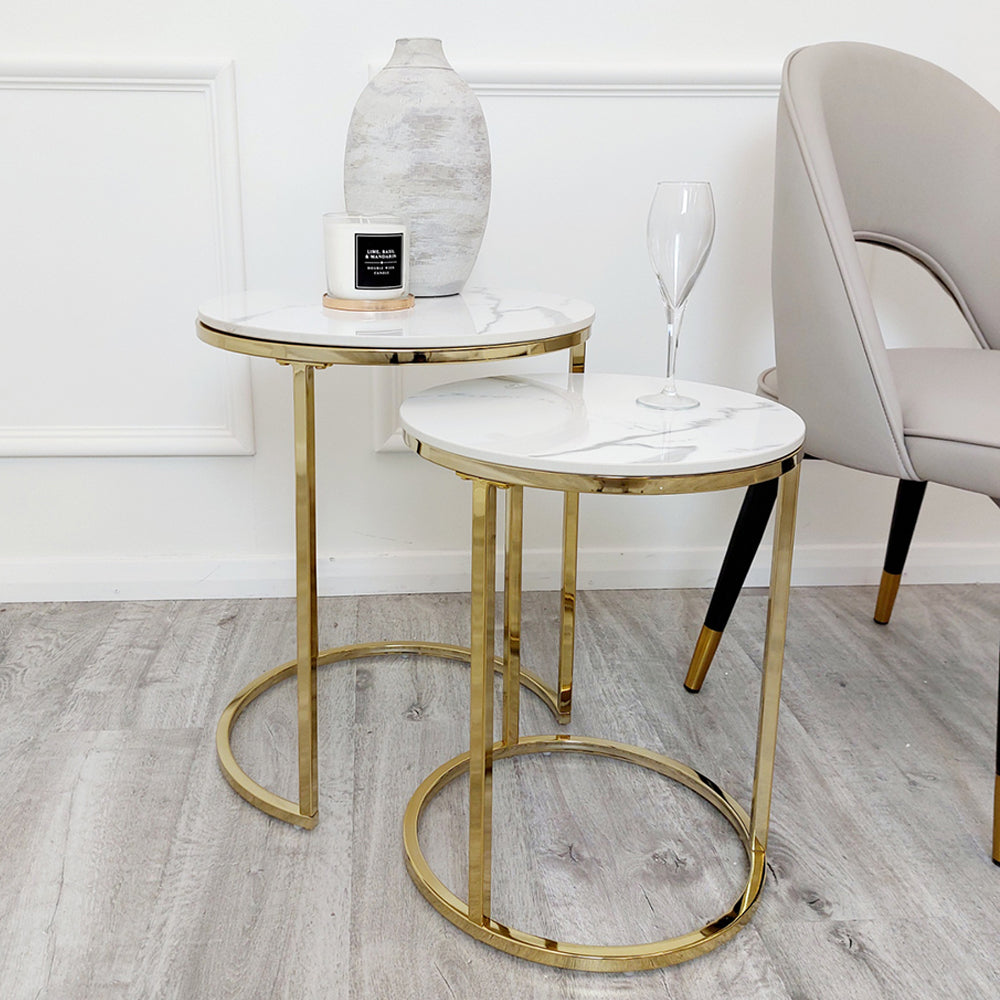 Cato Nest of 2 Round Coffee Gold Table with Polar White Sintered Stone Top