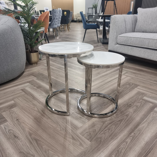 Cato Nest of 2 Tall Silver End Tables with Polar White Sintered Stone Tops