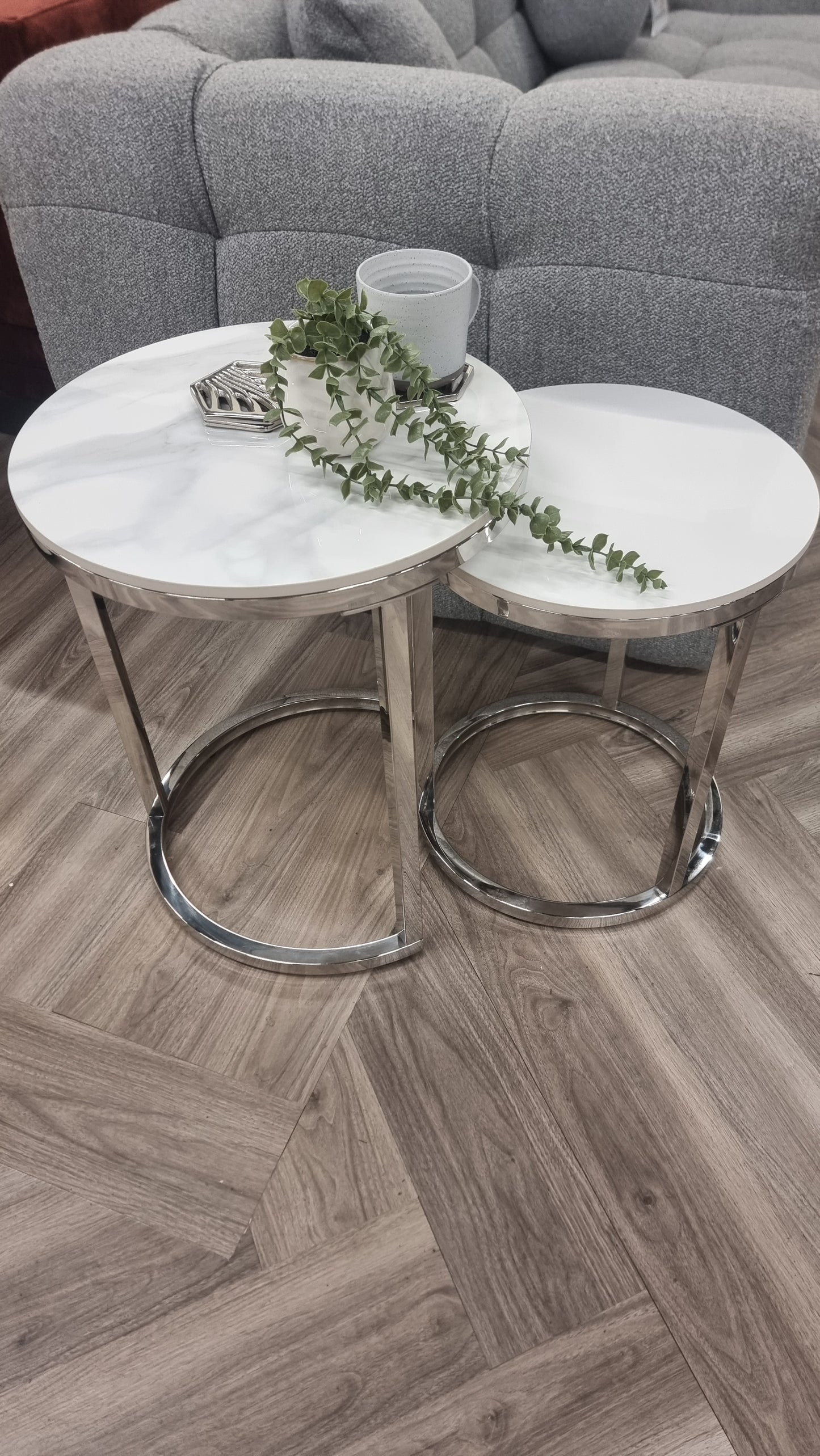Cato Nest of 2 Tall Silver End Tables with Polar White Sintered Stone Tops