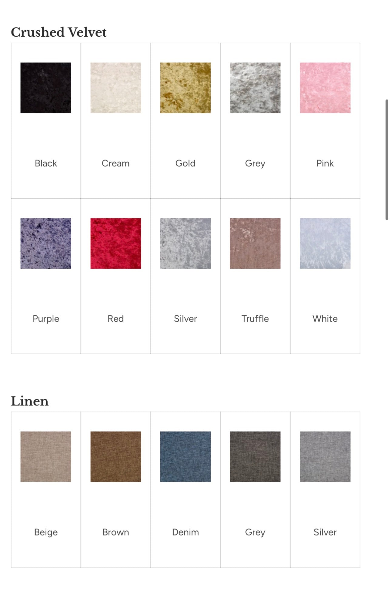 Color swatches for crushed velvet and linen textures.