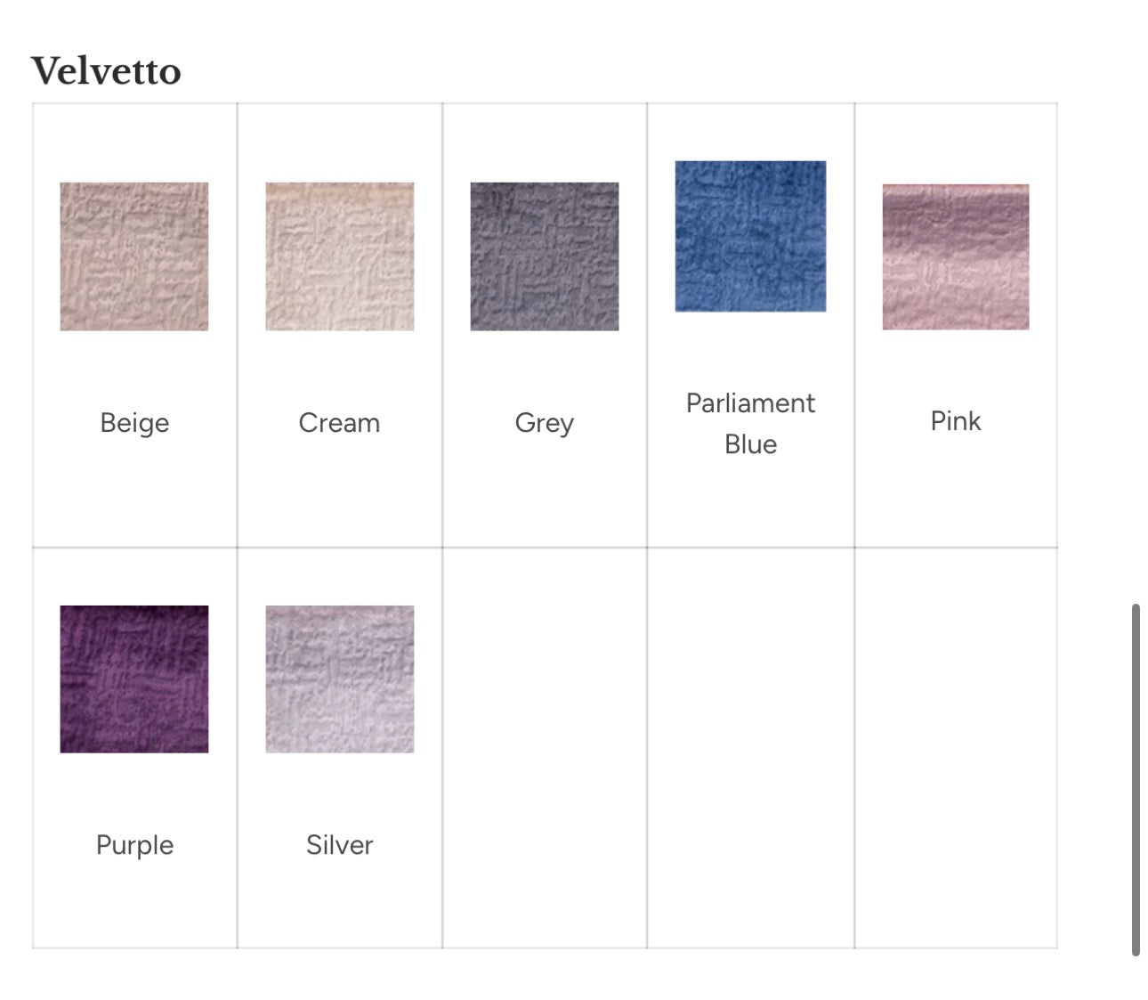 Color swatches of Velvette fabric in various colors