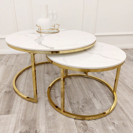 Cato Nest of 2 Round Coffee Gold Table with Polar White Sintered Stone Top