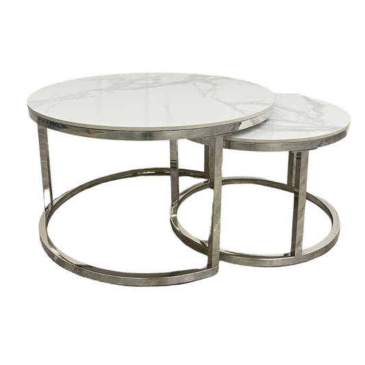Cato Nest of 2 Round Coffee Silver Table with Polar White Sintered Stone Top