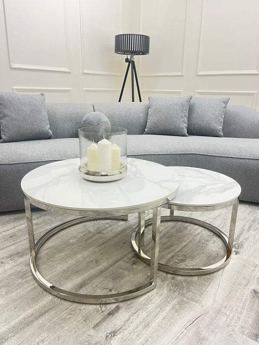 Cato Nest of 2 Round Coffee Silver Table with Polar White Sintered Stone Top